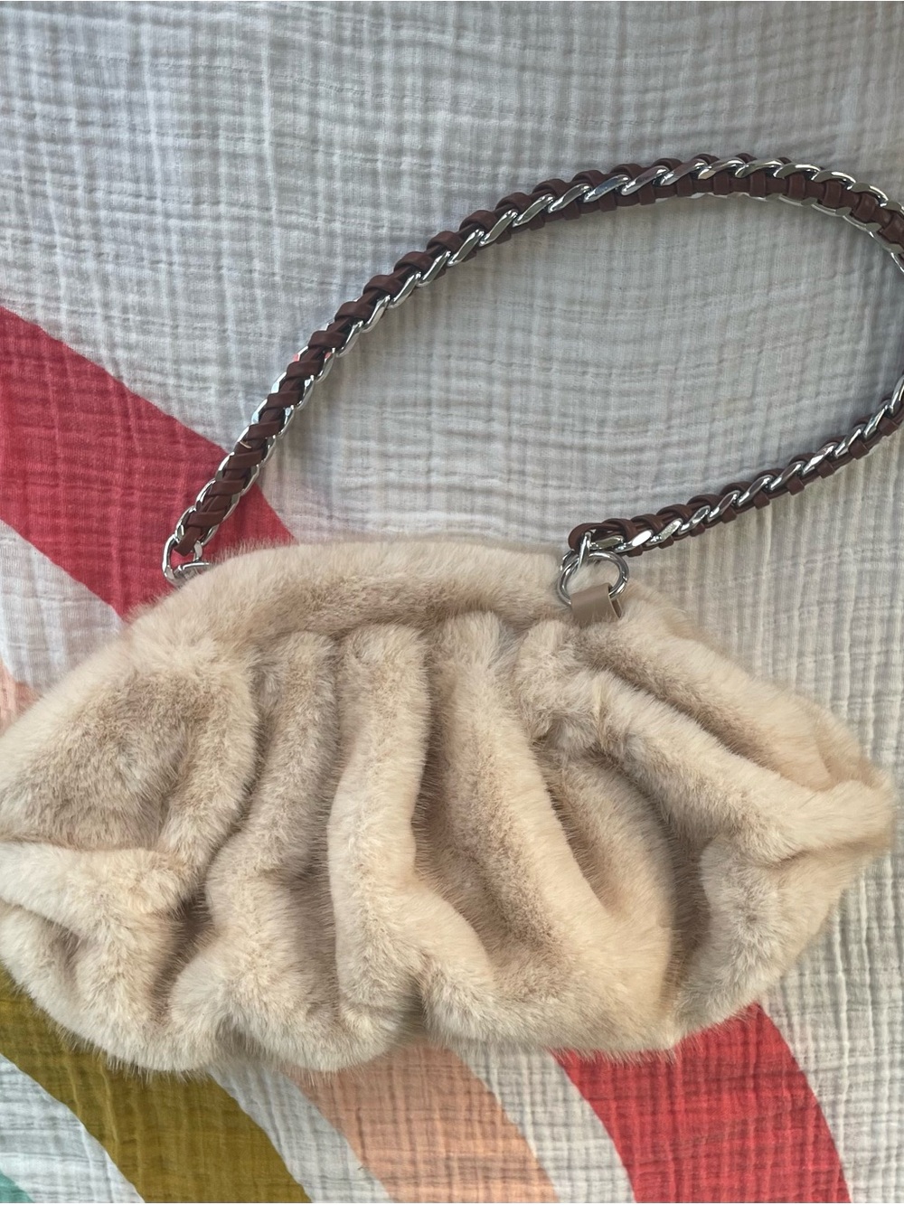 Luxury Faux Fur Pleated Ruched Clutch / Shoulder Dumpling Bag (Cream/Beige)